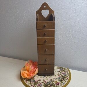 Vintage Wooden Heart Apothecary Organizer 6 Drawer Jewelry Box Cottage Decor